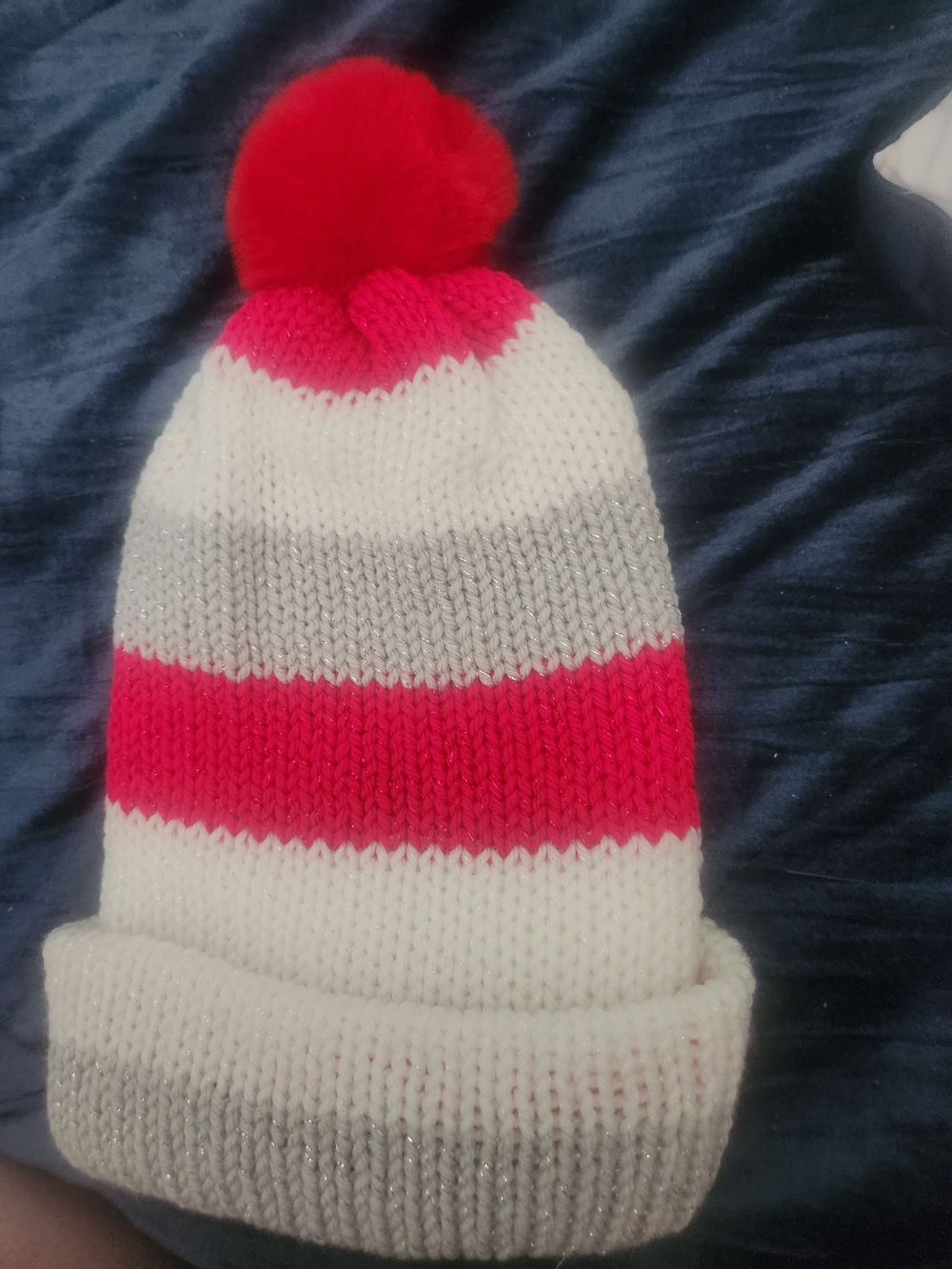 Brand New with Tags Hand Knitted  Red, White & Silver Knit Pom Beanie